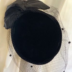 Black Velvet Pillbox Hat with Veil and Satin Bow